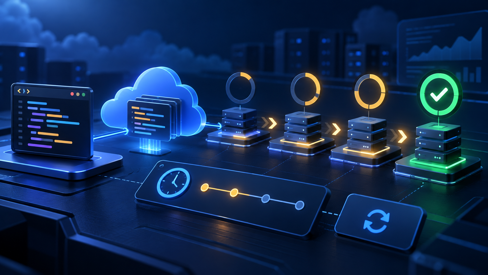 Cloud code snippet progressing through a staged deployment and verification