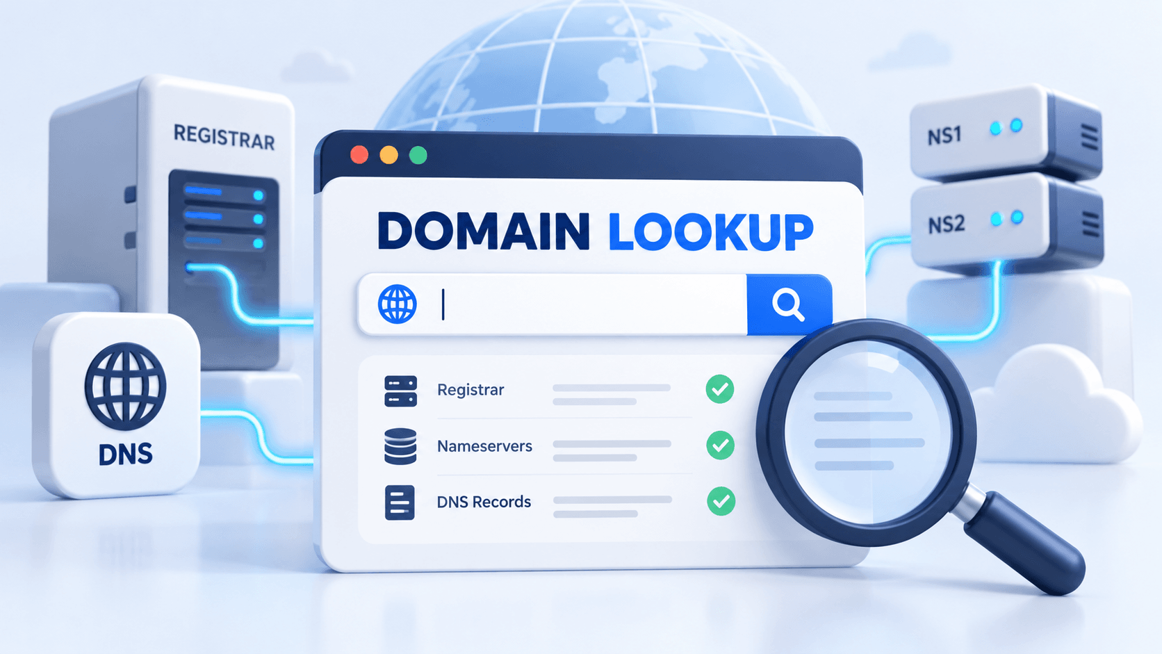 Domain lookup connecting registrar, nameserver and DNS record checks
