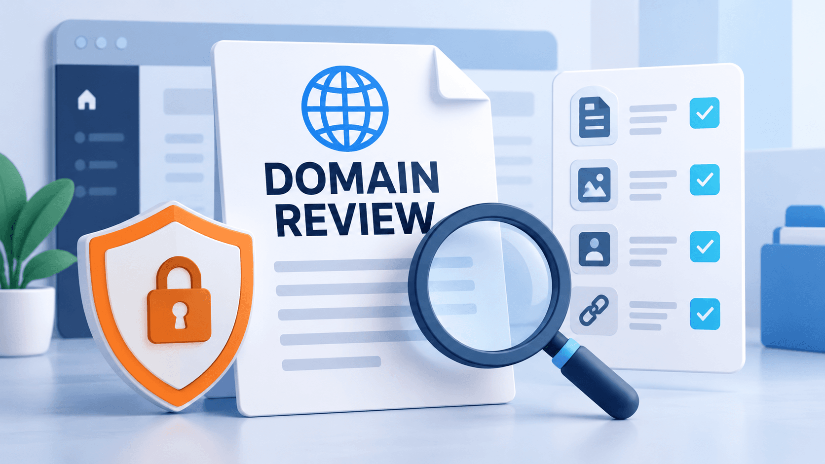 Domain review evidence checklist with a diagnostic magnifier