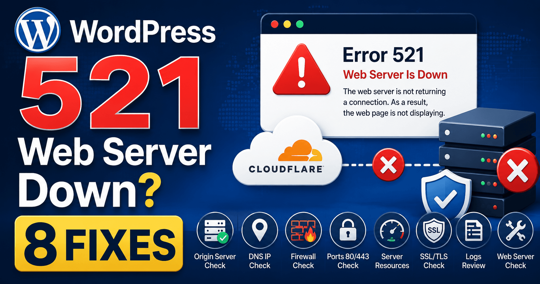 WordPress 521 web server is down troubleshooting guide