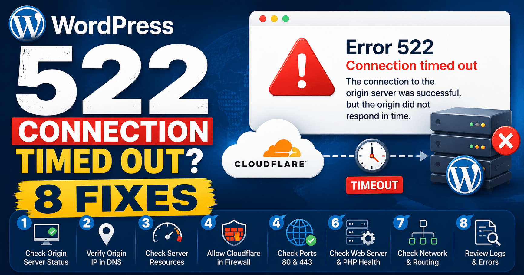 WordPress 522 connection timed out troubleshooting guide