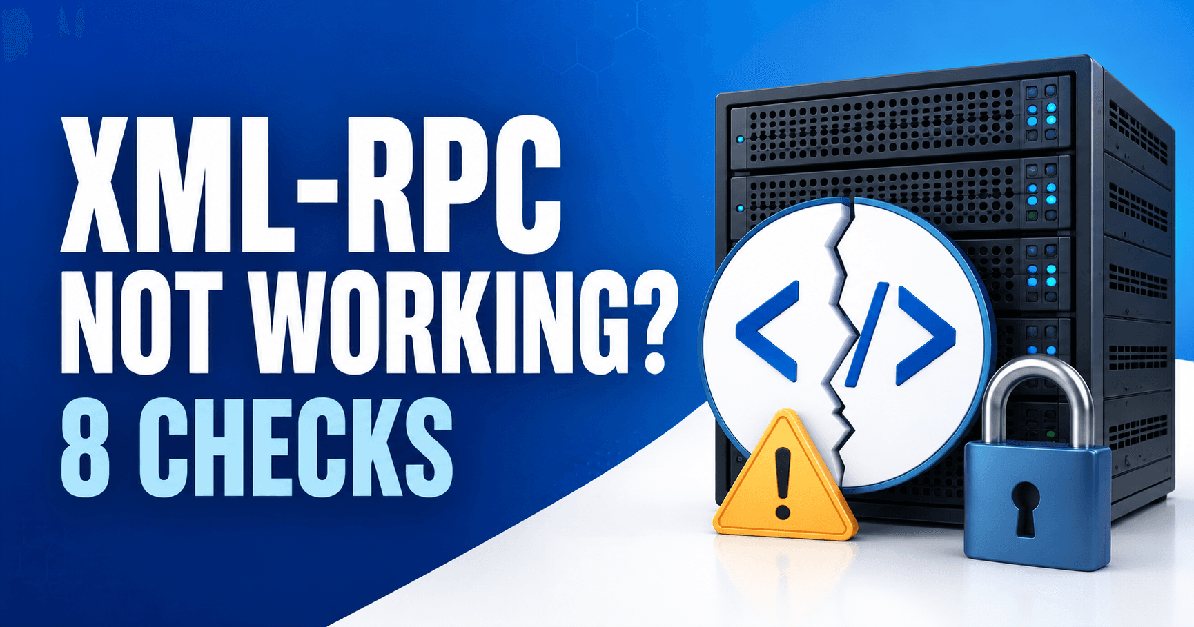 WordPress XML-RPC troubleshooting illustration with a blocked connection warning