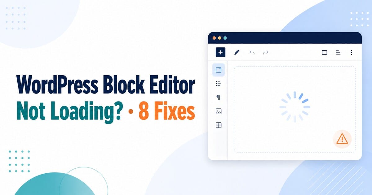 WordPress Block Editor troubleshooting illustration with a blank editor canvas, loading spinner, and warning symbol