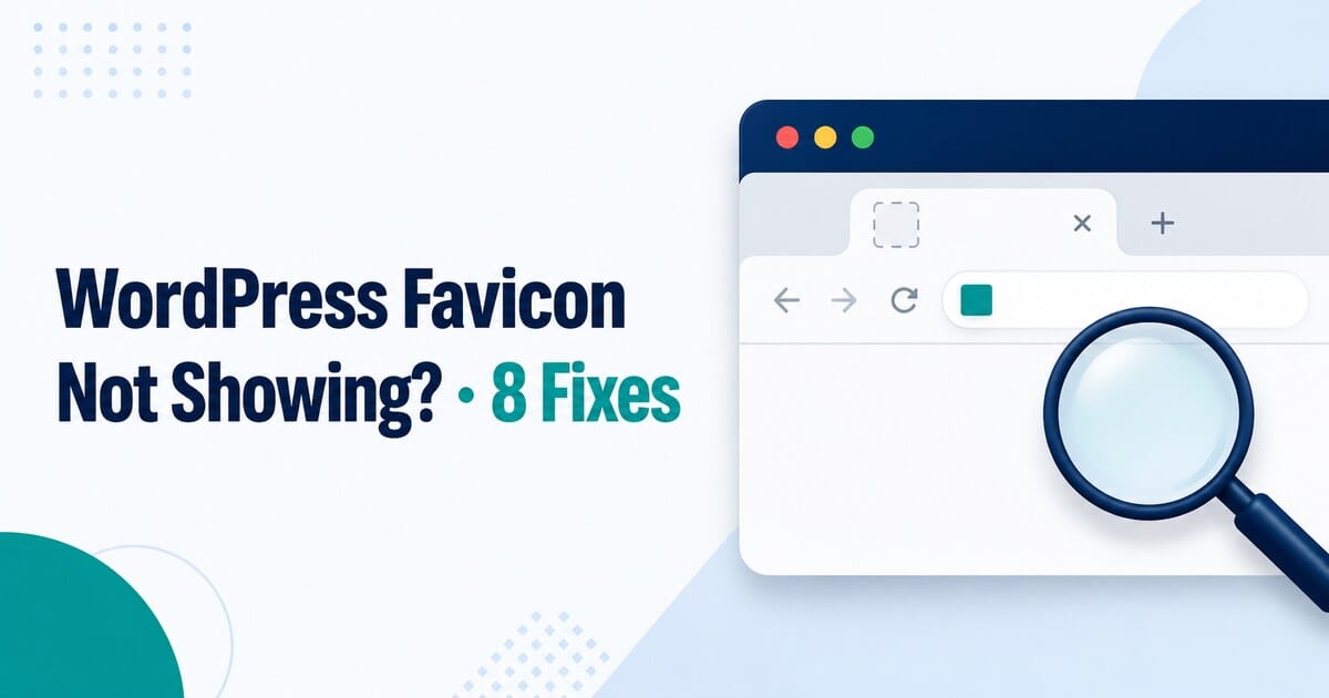 WordPress favicon troubleshooting illustration with a missing site icon and magnifying glass